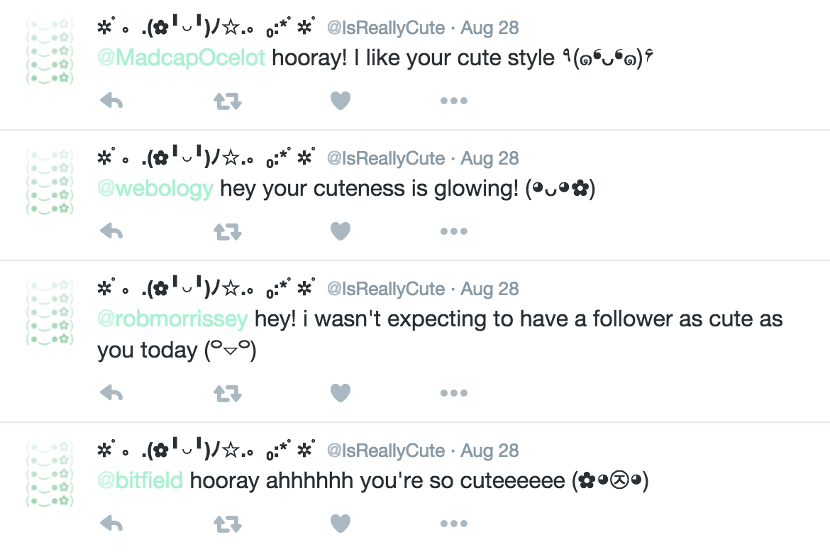 Photo of bot sending cute messages to new followers.